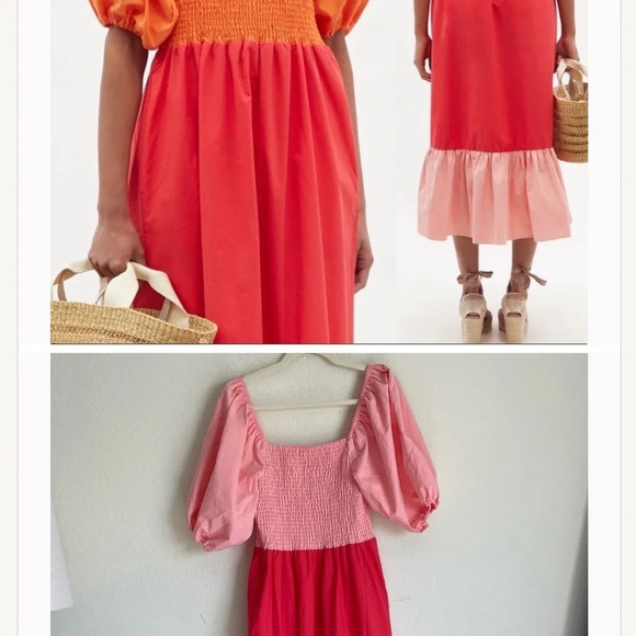 NWT Rhode Eloise Puff Sleeve Colorblocked Midi Dress  in Clementine Multi - Picture 1 of 6
